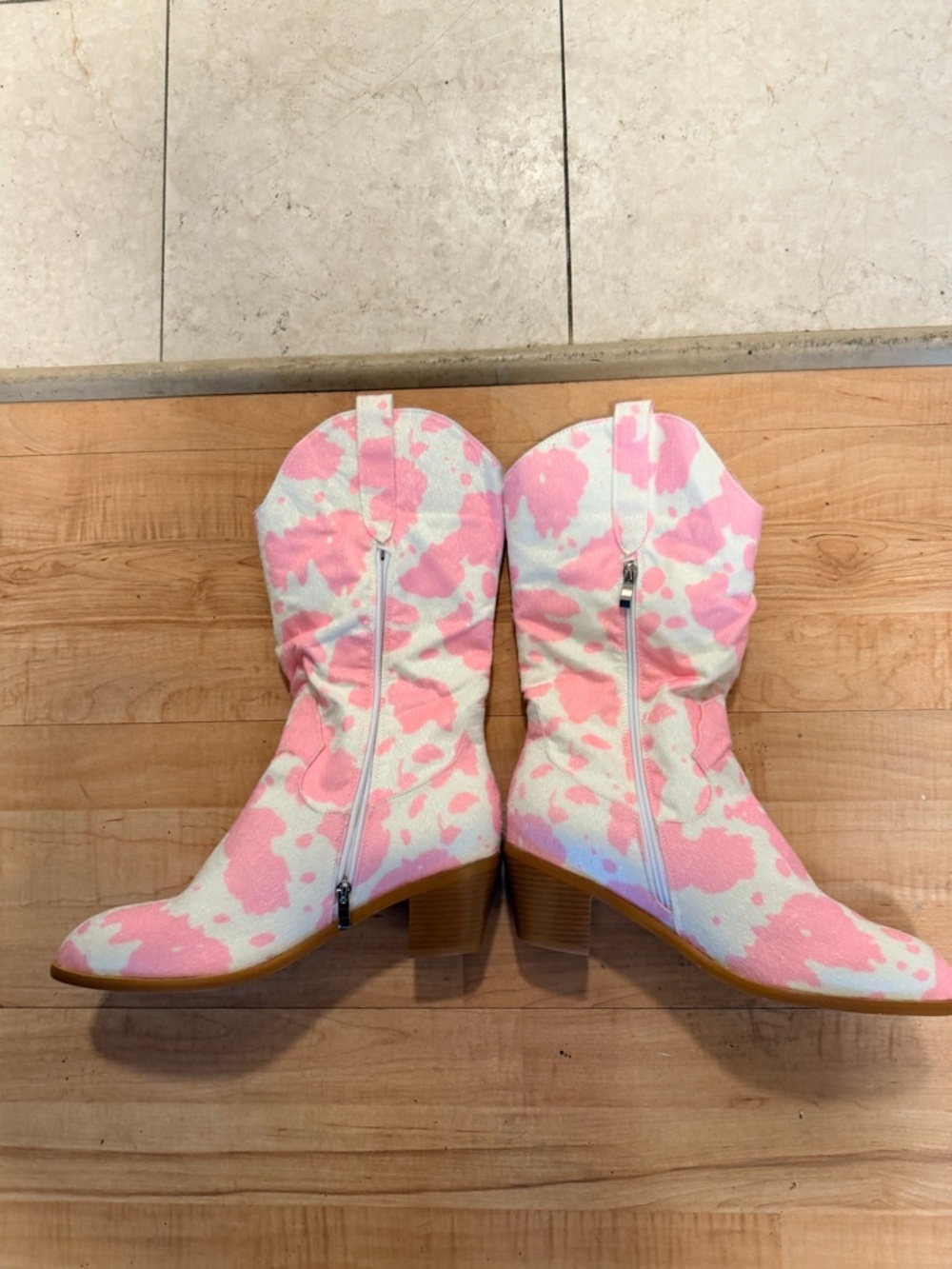 Pink & White Splash Mid-Calf Heeled Boots - Picture 4 of 5